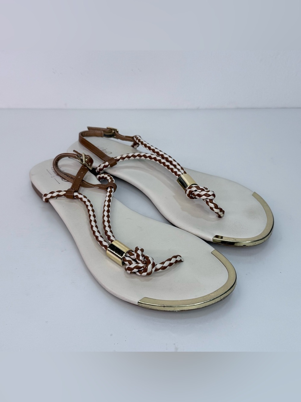 Mossimo Supply Co. Braided T-Strap Sandals in Brown and White with Gold Trim